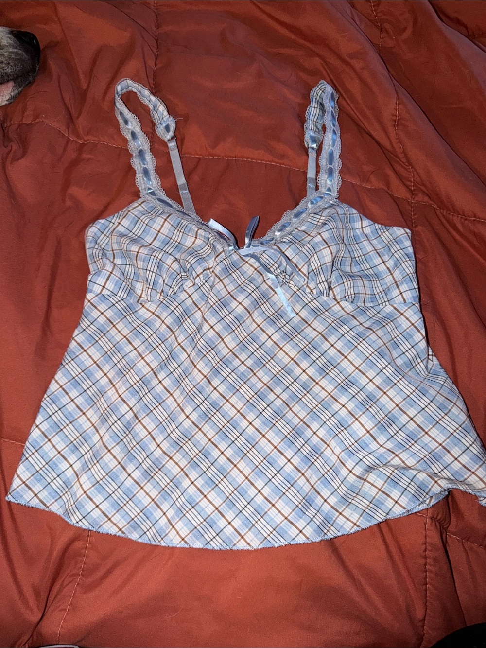 No Boundaries Light Blue Plaid Lace-Trim Cami